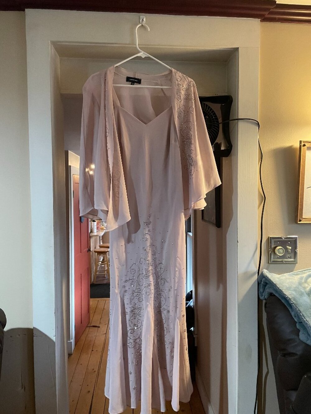 R & M Richards Blush Pink Embellished Maxi Dress with Sheer Cape